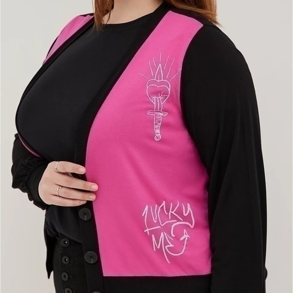 Torrid Lovesick Button Front Cardigan Super Soft Black & Pink - Picture 4 of 7